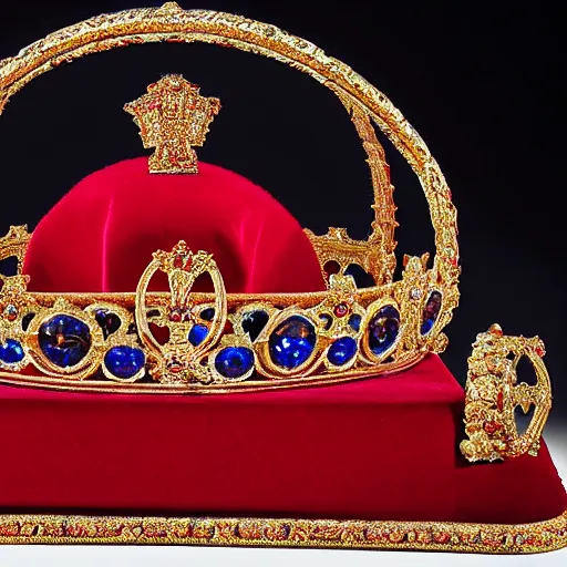 Prompt: a large ornate crown with sapphires and engraved runes, placed upon a crimson altar, d & d, photo