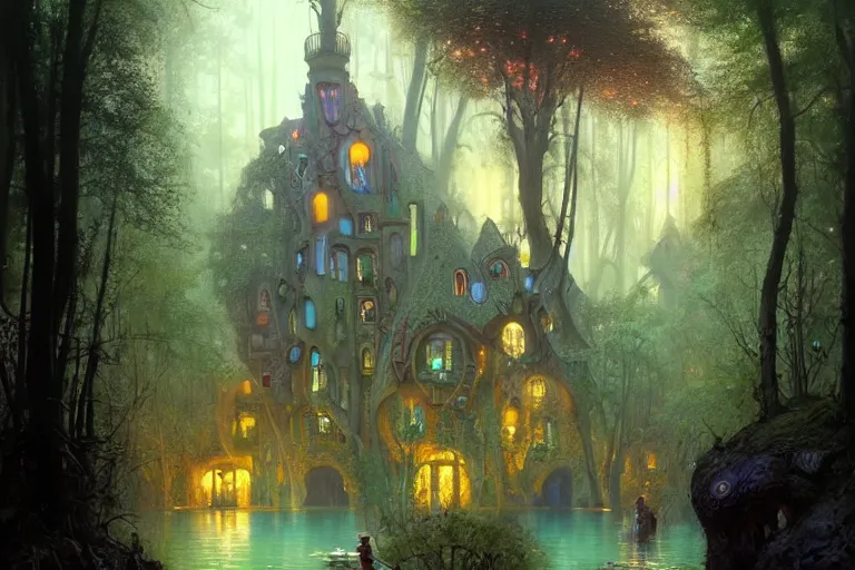 Prompt: mansion from hundertwasser and antonio gaudi in a deep mystical forest , lampoons, lake, waterfall, tall people walking and discussing, faint dynamic lighting, art by greg rutkowski and peter mohrbacher on artstation, night mood