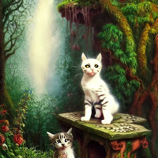 Image similar to painting of one kitten in the enchanted forest standing on the steps and watching the waterfall, fantasy, intricate, extremely detailed, face enhance, matte, featured in artstation, art by louis wain, greg rutkowski