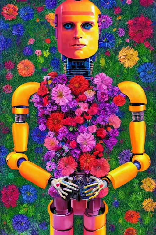 Prompt: a digital painting of a robot wearing a suit made of flowers, 1965 character portrait by Vladimir Tretchikoff and Lionel Smit, cgsociety, panfuturism, made of flowers, dystopian art, vaporwave