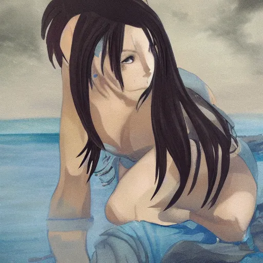 Image similar to a photo of tifa at the beach, hyperrealistic