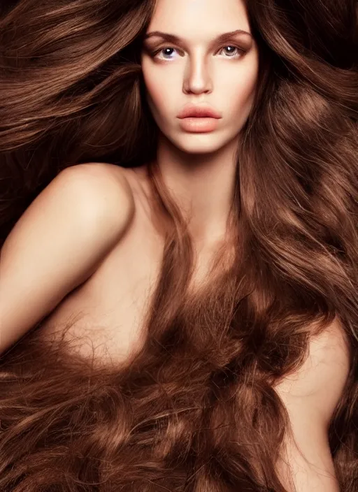 Image similar to a gorgeous female with long brown hair, photo by mert alas, mert and marcus, realistic, full body shot, wide angle, sharp focus, 8 k high definition, insanely detailed, intricate, elegant, floating embers