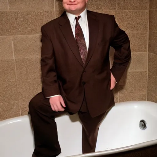 Prompt: Andy Richter is wearing a chocolate brown suit and necktie. Andy is standing inside a bathtub under a running shower. The suit and necktie are soaking wet.