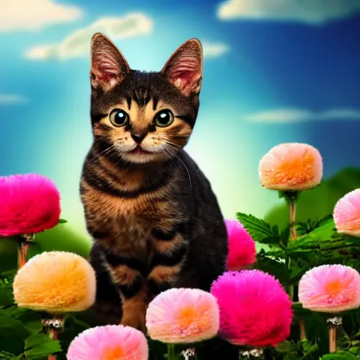 Prompt: very cute and tiny cat with one horn portrait, sitting on a Dahlia flower and flying on a pink cloud, sky background, pixar style, cinematic lightning