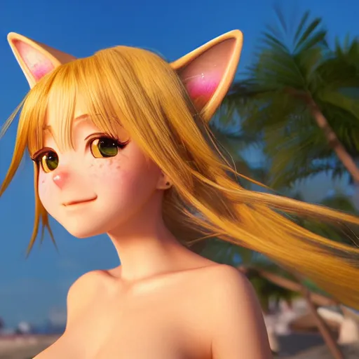 Image similar to Render of a very beautiful 3d anime cat girl, long hair, hazel eyes, cute freckles, full round face, short smile, cute sundress, golden hour, serene beach setting, medium shot, mid-shot, highly detailed, trending on Artstation, Unreal Engine 4k