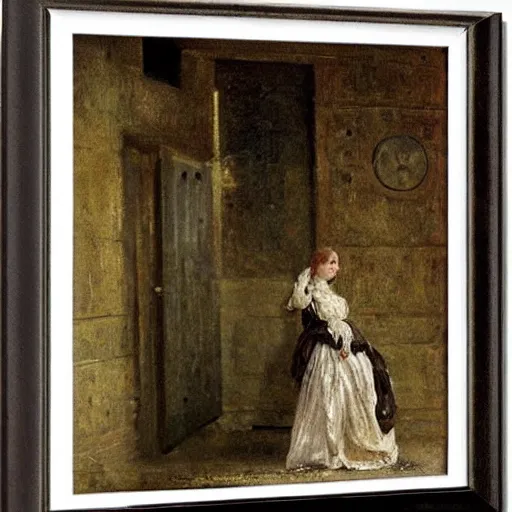 Prompt: young victorian lady lost in a dungeon, by alfred stevens