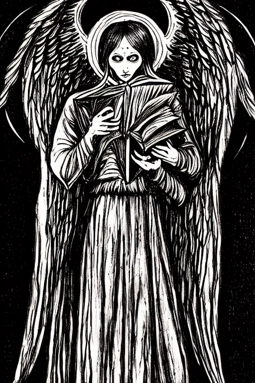 Image similar to dark angel holding a book of necronomicon, tarot card, illustration by aleister crowley, symmetrical, cinematic, sharp focus, 4 k, ultra hd, sense of awe, sinister demonic atmosphere, dreadful, forbidden knowledge, old gods. demonology