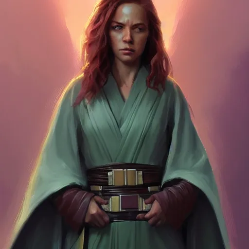 Image similar to portrait of a woman by greg rutkowski, jedi knight jade skywalker, wavy copper hair, jedi robes, star wars expanded universe, she is about 2 0 years old, wearing jedi robes, highly detailed portrait, digital painting, artstation, concept art, smooth, sharp foccus ilustration, artstation hq