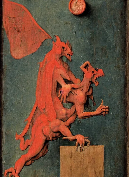 Prompt: red devil Gargoyle, Medieval painting by Hieronymus Bosch, Florence