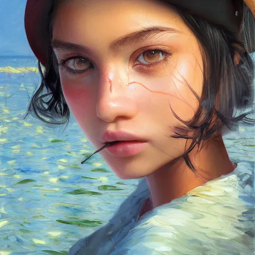 Prompt: oil painting by ilya kuvshinov,, baugh casey, artgerm craig mullins, coby whitmore, of a youthful indian girl, long hair, fishing and wearing fisherman's outfit, fisherman's hat, highly detailed, breathtaking face, studio photography, noon, intense bounced light, water reflection, large tree casting shadow, serine intense sunlight