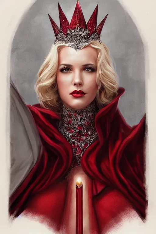 Prompt: beautiful evil queen, blonde, red gown, throne, wearing crown, highly detailed, d & d, fantasy, portrait, highly detailed, headshot, digital painting, trending on artstation, concept art, sharp focus, illustration, art by artgerm and greg rutkowski and magali villeneuve