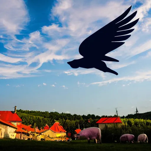 Image similar to pig flying over romanian village with angel wings in a blue sky, bokeh, dramatic lighting