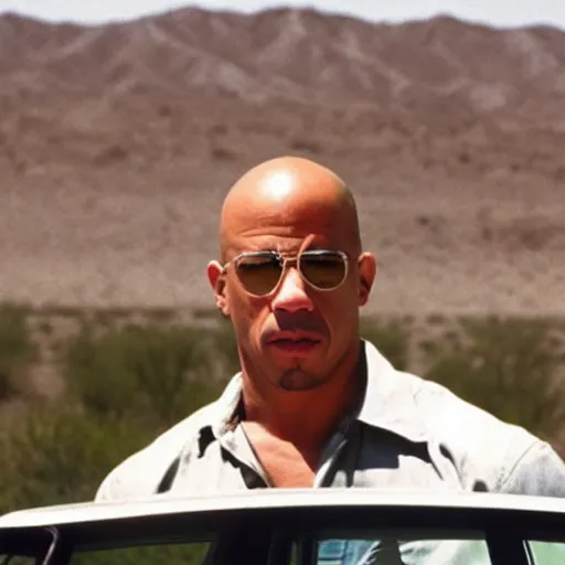 Image similar to Vin Diesel as Walter White, 1986 Fleetwood Bounder RV in the desert background, realistic, cinematic, high detail