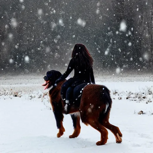 Image similar to girl riding giant Bernese Mountain Dog in the snow, trending on artstation