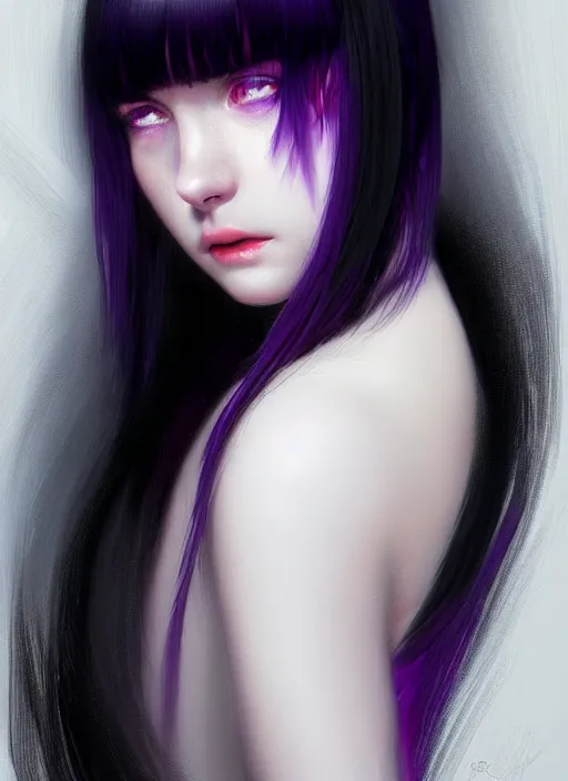 Image similar to portrait of teenage girl with white bangs, red irises, black hair, purple clothes, white bangs, bangs are different color from hair, intricate, front of hair is white rest is black, elegant, glowing lights, highly detailed, digital painting, artstation, concept art, smooth, sharp focus, illustration, art by wlop, mars ravelo and greg rutkowski