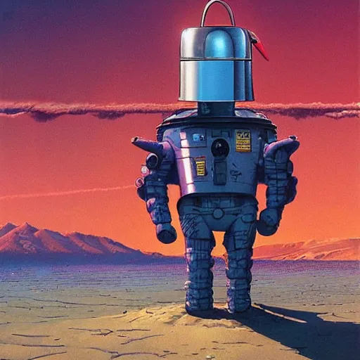 Prompt: a lone Android, wearing a flamingo print bucket hat, by John Harri and Michael Whelan and John Berkey and Robert McCall and Chris Foss and Chris Moore and Vincent Di Fate and Rafał Olbiński and Jim Burns