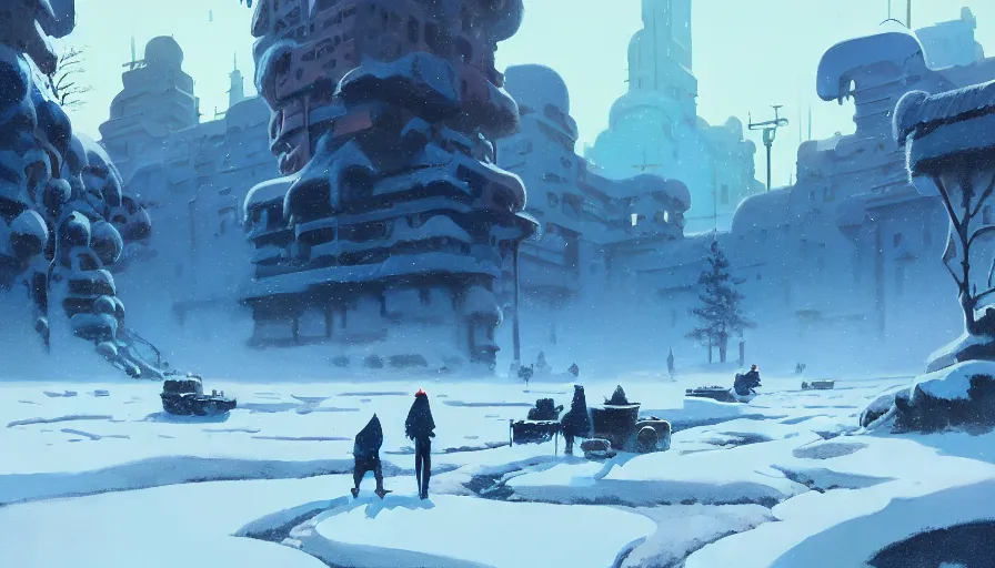 Image similar to highly detailed matte painting of a glistening snowy landscape by atey ghailan, by greg rutkowski, by greg tocchini, by james gilliard, by joe fenton, blue, brown, black and light blue color scheme, octane render