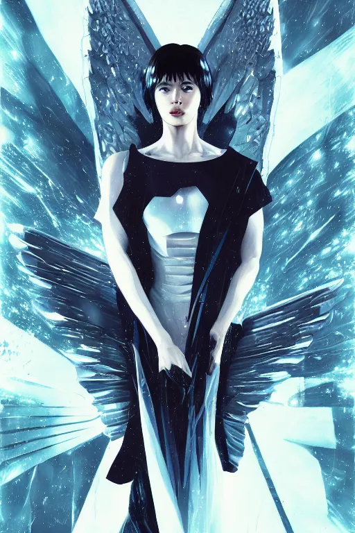 Image similar to white arc-angel with mystic robotic wings, blade runner, akira, ghost in the shell, 2077, ultra detailed, digital art, 8k ,character ,realistic, portrait, hyperrealistic