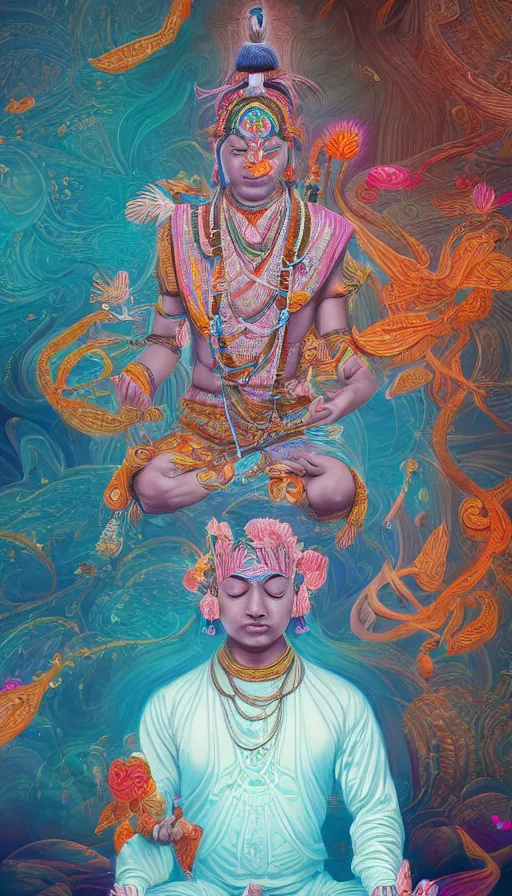 Image similar to indian master, meditation, universe, dream, highly detailed, digital painting, refreshing, trending on artstation, octane render, hyper realistic, illustration by james jean