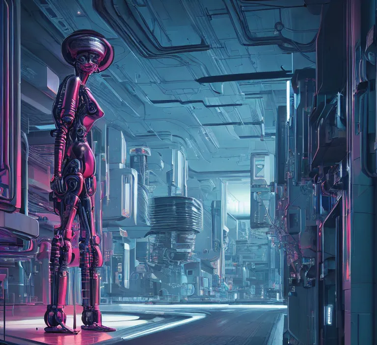 Image similar to hyperrealism stock photography of highly detailed stylish robot in cyberpunk sci - fi style by gragory crewdson and vincent di fate, mike winkelmann with many details by josan gonzalez working at the highly detailed data center by mike winkelmann and laurie greasley hyperrealism photo on dsmc 3 system rendered in blender and octane render