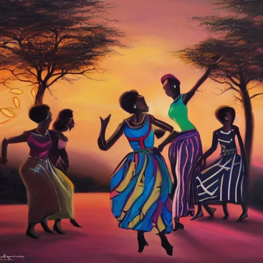 Image similar to african women dancing around a glowing energized steampunk portal at sunset, by alan kenny, oil on canvas