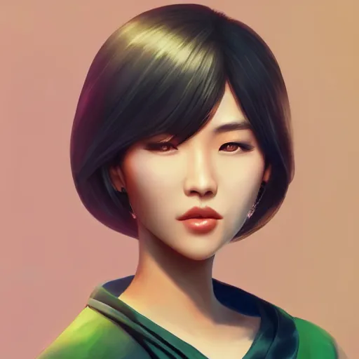 Image similar to beautiful asian woman with smooth skin and green short hair, by nick silva, ja mong, digital, trending artstation