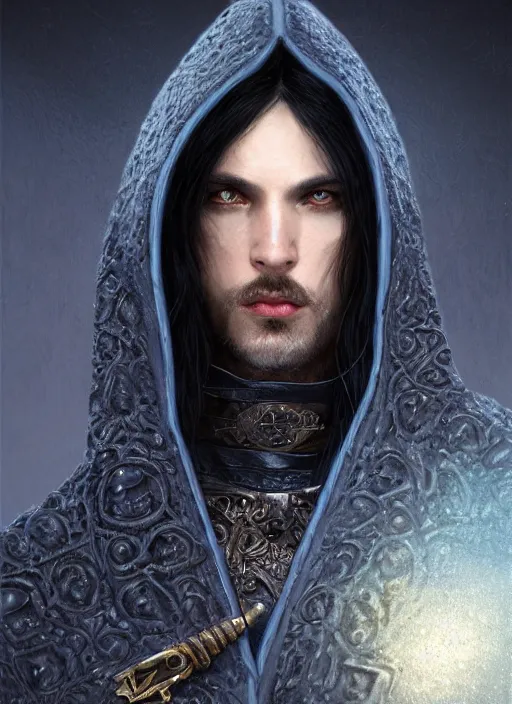Image similar to ultrarealistic male mage face portrait fighting, long black hair blue eyes wearing leather mantle gothic navy cloak with leather details, bone plants, fantasy character portrait, octane render, extreme intricate details, elegant, cinematic lighting, highly detailed, artstation, dnd art, cgsociety, sharp focus, beautiful digital painting by artgerm, gerald brom, wlop, alphonse mucha