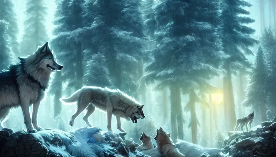 Image similar to dreamy fantasy pack of wolves, bright, white, epic scene, highly detailed, high quality, 8 k, 4 k, octane render, digital painting, alena aenami, lilia alvarado, shinji aramaki, karol bak, alphonse mucha, tom bagshaw