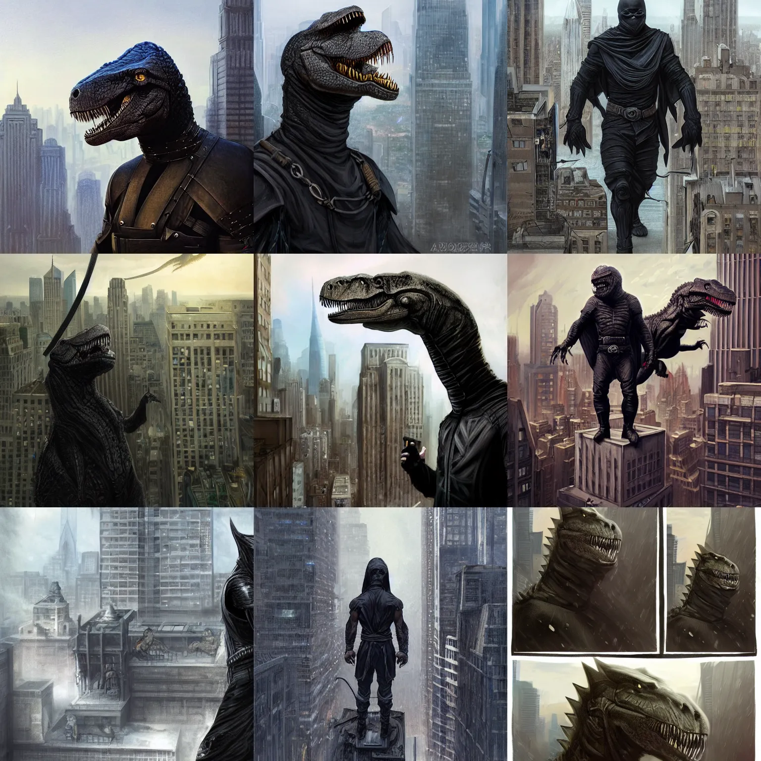 Prompt: Human with T-rex head on his shoulders is dressed in black ninja cloths and is standing on a top of building in New York watching over the city, D&D, fantasy, highly detailed, digital painting, trending on artstation, concept art, sharp focus, illustration, art by artgerm and greg rutkowski and magali villeneuve