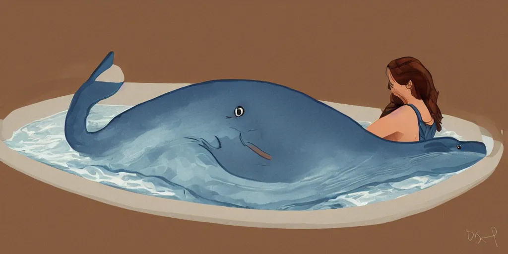 Image similar to A blue whale swimming inside a bathtub, digital illustration-H 768