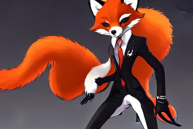 Image similar to a furry tan male fox on a persona 5 : royal ( by atlus ) video game splash screen, a furry male sandcolored tan fox fursona ( has hair ), persona 5 phantom thief style