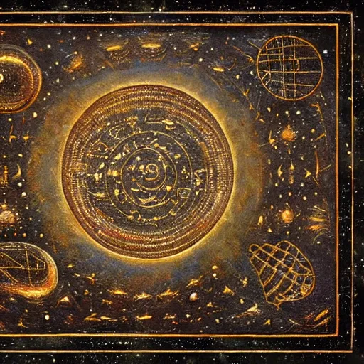 Prompt: oil on canvas of an old ancient alien artefact of a stellar map with alien hieroglyphics. beautiful. realistic. beautiful. mysterious. intricately detailed. meticulously rendered. epic. 4 k hd. trending on art station. h 7 6 8