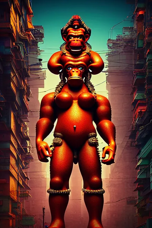 Image similar to high quality 3 d render post - rococo cyberpunk hanuman! head building, neon madhubani, open mouth, highly detailed, in sci - fi new delhi, cinematic smooth unreal engine, lee madgwick & liam wong, dramatic light, low angle, uhd 8 k, sharp focus