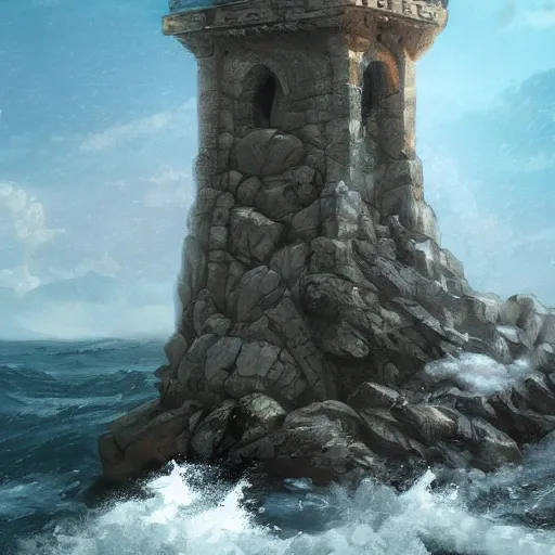 Image similar to ancient stone tower rising from the waves, artstation