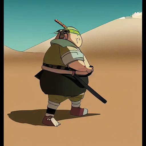 Image similar to a study of cell shaded cartoon of a short fat samurai rolling on a desert road, full body, wide shot, very muted colors, post grunge, studio ghibli, laurie greasley, highly detailed, deviantart, art by artgem