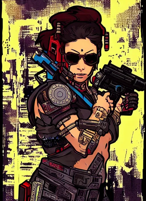 Prompt: maria. buff cyberpunk mercenary. portrait illustration, pop art, splash painting, art by ashley wood, alphonse mucha, laurie greasley and josan gonzales