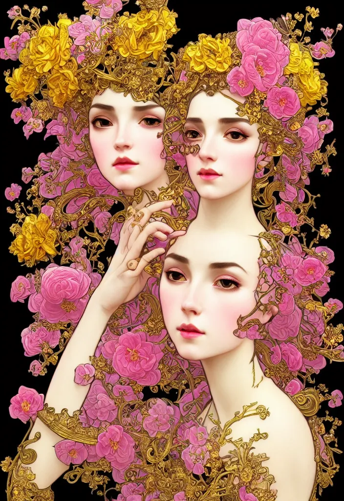 Image similar to beautiful black pink yellow, complicated gold and pink flowers in baroque style headwears, dark fantasy, intricate, elegant, highly detailed, digital painting, artstation, concept art, matte, 3 d 8 k octane rendered, sharp focus, illustration, octane rendered, art by artgerm and alphonse mucha, leesha hannigan