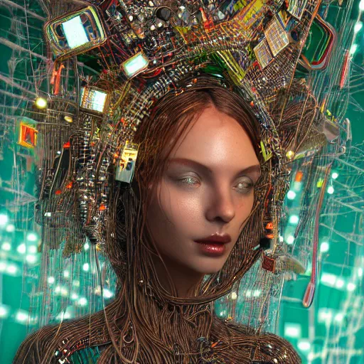 Prompt: deeper into the metaverse we go, piles of modular synth cables mixed with roots, puerto rican goddess swimming up wearing a headpiece made of circuit boards, by cameron gray, wlop, stanley kubrick, masamune, hideki anno, jamie hewlett, unique perspective, trending on artstation, 3 d render, vivid