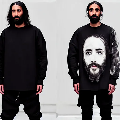 Image similar to jesus in fear of god streetwear by nicola samori, jerry lorenzo style