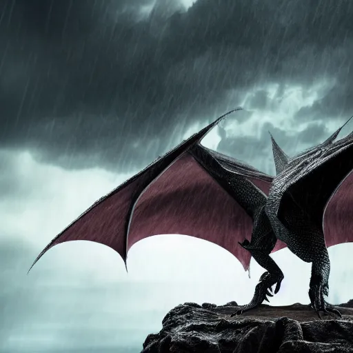 Image similar to dark dragon in a thunderstorm, epic scene, cinematic, ultra photorealistic, 8k,