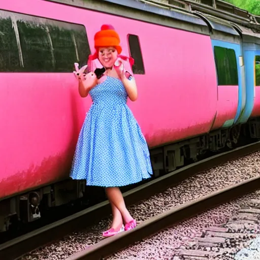 Prompt: hello kitty, wearing a watermelon dress, waiting by the train tracks