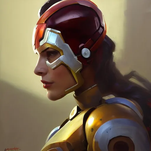 Image similar to greg manchess portrait painting of a female ironman as overwatch character, medium shot, asymmetrical, profile picture, organic painting, sunny day, matte painting, bold shapes, hard edges, street art, trending on artstation, by huang guangjian, gil elvgren, ruan jia, greg rutkowski, gaston bussiere