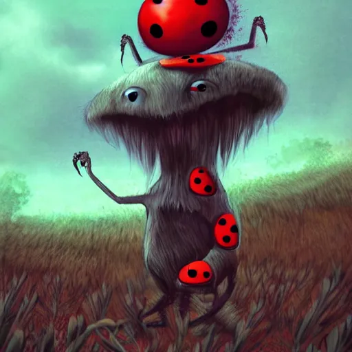 Image similar to ladybug as a monster, surrealism art style, scary atmosphere, nightmare - like dream