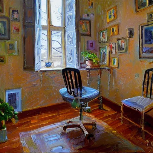 Image similar to a cozy little office nook, dmitry spiros, 8 k, wide angle,