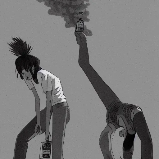 Prompt: character design, punk kids smoking vape pens and doing handstands, in the style of killian eng kawase hasui james jean, artstation trending, 8 k, photorealistic, volumetric lighting caustics, black and white, detailed af