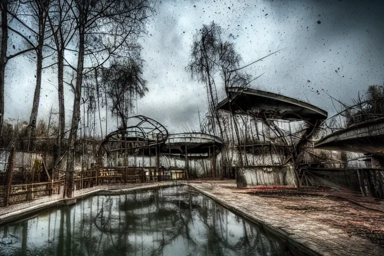 Image similar to creepy and wet abandoned waterpark, professional photography, highly detailed, sharp focus, hdr, 8 k, hd, trending on pexels, by marc adamus