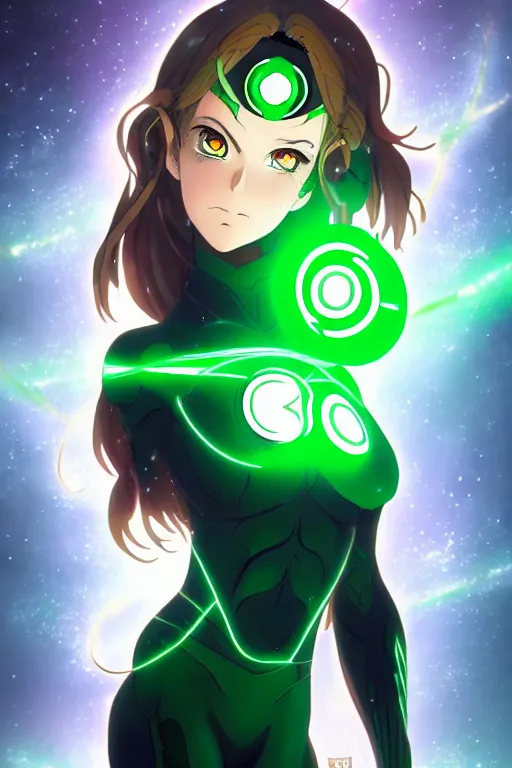 Image similar to anime key visual of a beautiful female green lantern, intricate, glowing accents, powers, glowing ring, speed, goddess, dc comics, cinematic, stunning, highly detailed, digital painting, artstation, smooth, hard focus, illustration, character concepts by senior concept artist