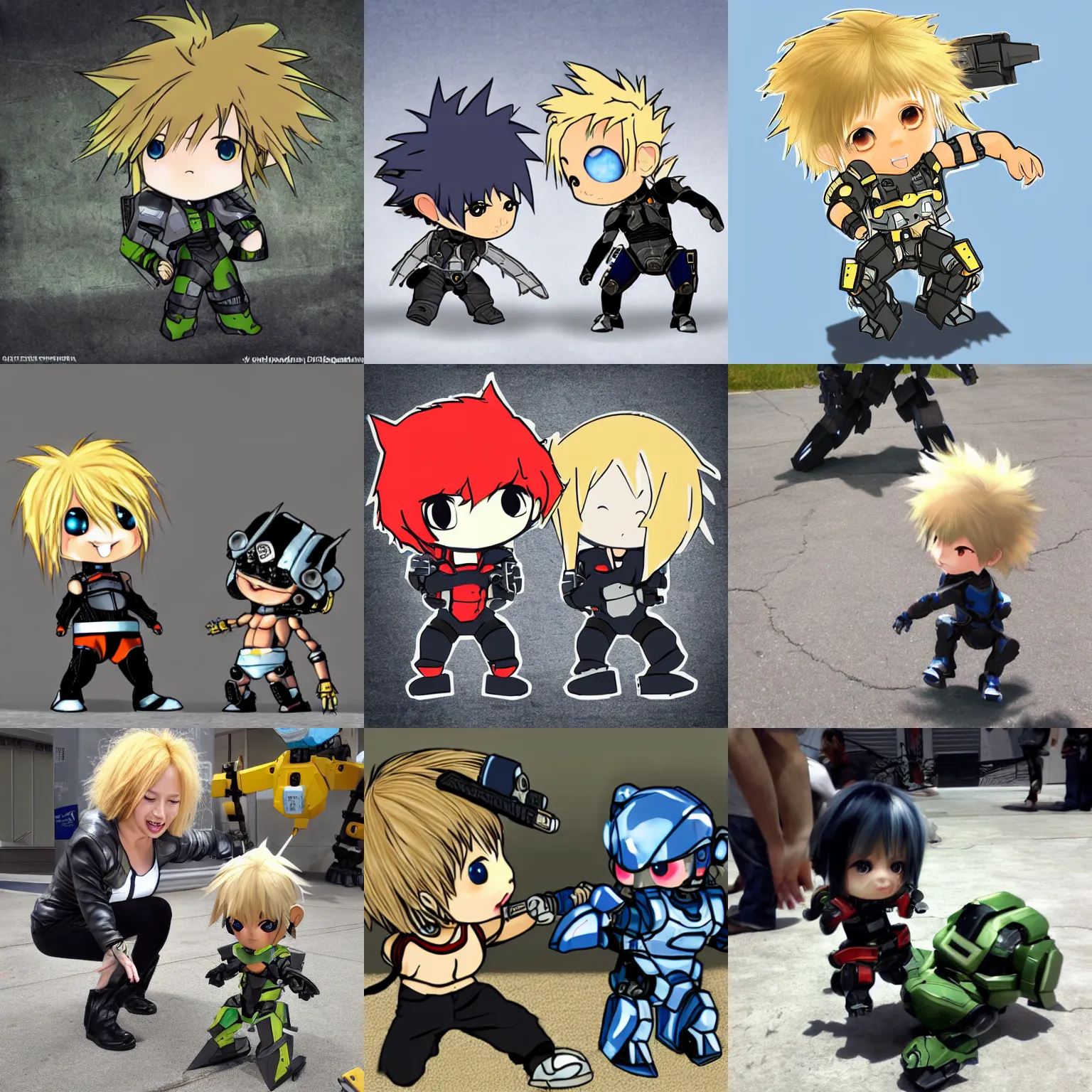 Prompt: cute chibi toddler raiden from metal gear rising : revengeance breakdancing next to bipedal metal gear mechs