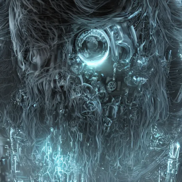 Prompt: realistic, dark hairy handsome man, love, joy, complex cybernetic beings, glowing hair, vortexes, large array, ornate hair, 3 d model, fish eye, round form, cinematic light shadows, wet hdr refractions, insanely detailed rendering, artstation, 8 k, * * * * *