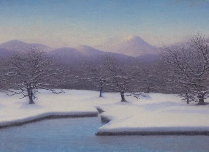 Image similar to hokkaido in winter, japan in the style of hudson river school of art, oil on canvas